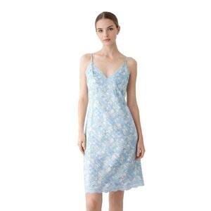 NWT Gold Hawk Forget Me Not Blue Floral 100% Silk Lace Trim Slip Dress Medium